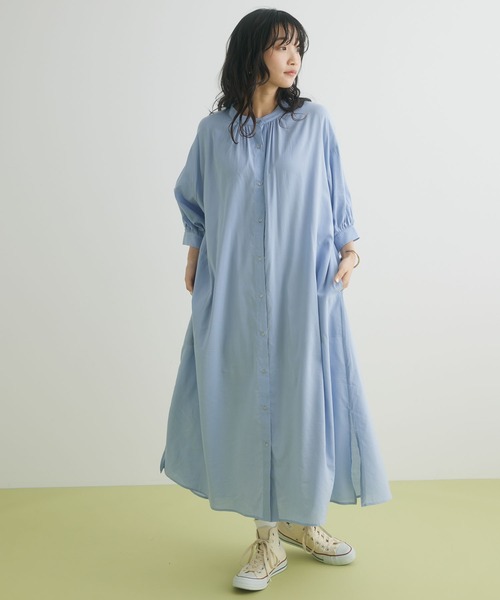 CRAFT STANDARD BOUTIQUE(クラフトスタンダードブティック)の「バンドカラー5分袖ワンピース(ワンピース・レディース・サックスブルー/ブラック・FREE)」の1枚目の写真
