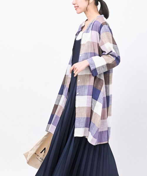 スラブチェック7分袖シャツワンピース（シャツワンピース