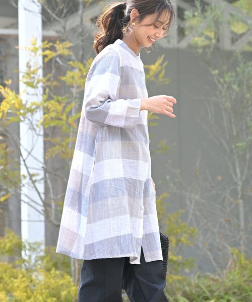 チェックシャツワンピース　七分袖　カジュアル スラブチェック7分袖シャツワンピース（シャツワンピース