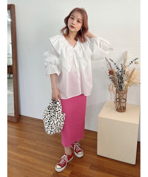 JUMELLE(ジュメロ)の「リブニットスカート(スカート・レディース・アイボリー/ピンク・FREE)」の3枚目の写真