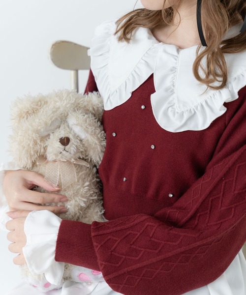 DearMyLoveRose(ディアマイラブローズ)の「ラインストーンドットショートニットトップス(ニット/セーター・レディース・ブラック/レッド/ベビーピンク/サックスブルー/ホワイト・M-L/L-XL/LL~3L)」の6枚目の写真