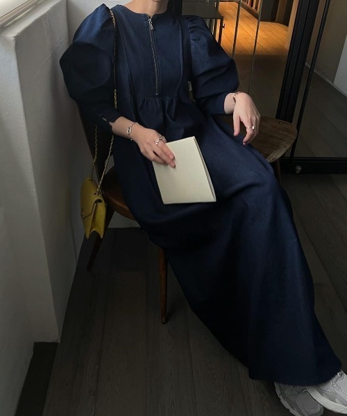 WILLFULLY（ウィルフリー）の「denim volume gather sleeve zip OP