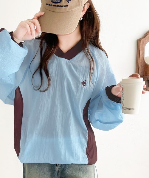 セール】レトロ配色が今っぽ！胸刺繍配色シアー裾ドロストVネック