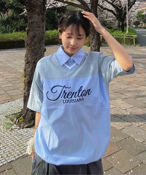AS KNOW AS plus（アズノゥアズプラス）の「◎リブライン ビッグサイズ ナイロン半袖プルオーバー（Tシャツ/カットソー・レディース・アイボリー/グレー/ネイビー/アイボリー系/サックスブルー系/ピンク系/ブラック系・FREE）」の7枚目の写真