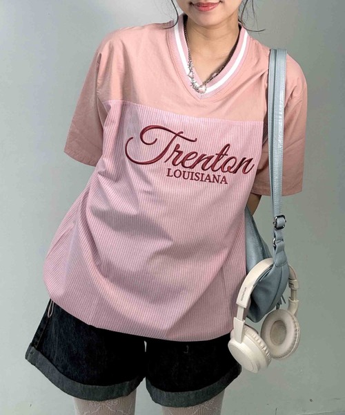 AS KNOW AS plus（アズノゥアズプラス）の「◎リブライン ビッグサイズ ナイロン半袖プルオーバー（Tシャツ/カットソー・レディース・アイボリー/グレー/ネイビー/アイボリー系/サックスブルー系/ピンク系/ブラック系・FREE）」の22枚目の写真