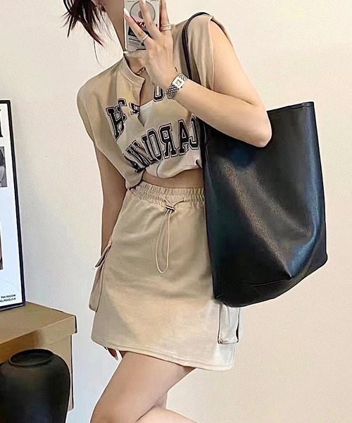 SEN TOKYO(セントーキョー)の「カレッジロゴが可愛い。フレンチスリーブ カーゴミニスカートセットアップ(Tシャツ/カットソー・レディース・ブラック/ベージュ/グレー/カーキ・FREE)」の5枚目の写真
