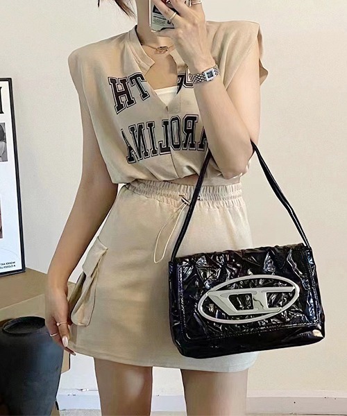 SEN TOKYO(セントーキョー)の「カレッジロゴが可愛い。フレンチスリーブ カーゴミニスカートセットアップ(Tシャツ/カットソー・レディース・ブラック/ベージュ/グレー/カーキ・FREE)」の6枚目の写真