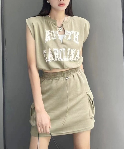 SEN TOKYO(セントーキョー)の「カレッジロゴが可愛い。フレンチスリーブ カーゴミニスカートセットアップ(Tシャツ/カットソー・レディース・ブラック/ベージュ/グレー/カーキ・FREE)」の8枚目の写真