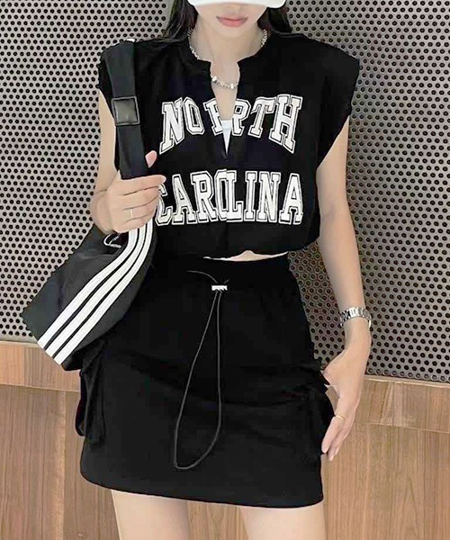 SEN TOKYO(セントーキョー)の「カレッジロゴが可愛い。フレンチスリーブ カーゴミニスカートセットアップ(Tシャツ/カットソー・レディース・ブラック/ベージュ/グレー/カーキ・FREE)」の9枚目の写真