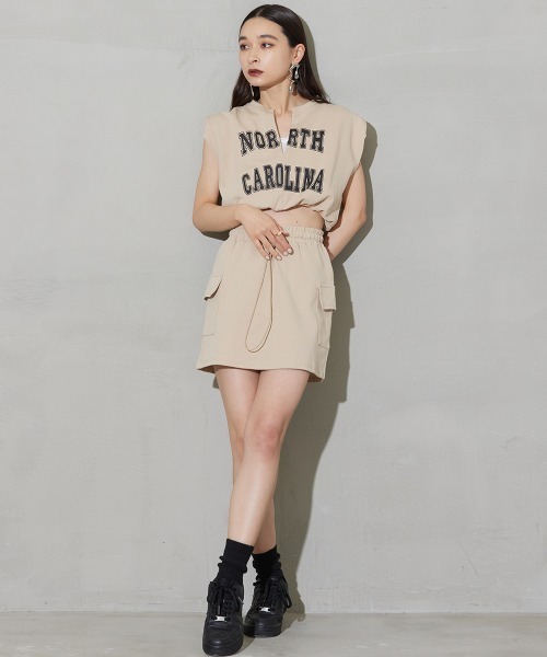 SEN TOKYO(セントーキョー)の「カレッジロゴが可愛い。フレンチスリーブ カーゴミニスカートセットアップ(Tシャツ/カットソー・レディース・ブラック/ベージュ/グレー/カーキ・FREE)」の10枚目の写真
