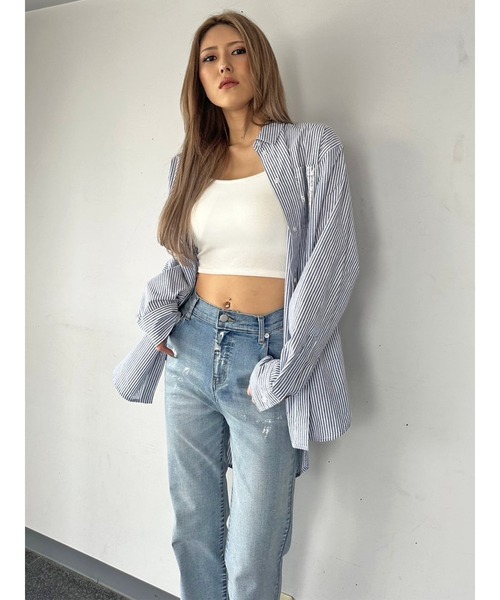 EGOIST（エゴイスト）の「ホイルプリントストライプビッグシャツ（シャツ/ブラウス・レディース・ピンク/ブルー/ネイビー・FREE）」の2枚目の写真