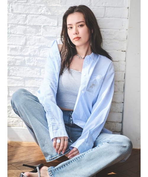 EGOIST（エゴイスト）の「ホイルプリントストライプビッグシャツ（シャツ/ブラウス・レディース・ピンク/ブルー/ネイビー・FREE）」の3枚目の写真