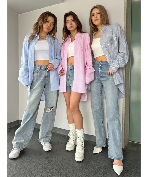 EGOIST（エゴイスト）の「ホイルプリントストライプビッグシャツ（シャツ/ブラウス・レディース・ピンク/ブルー/ネイビー・FREE）」の5枚目の写真