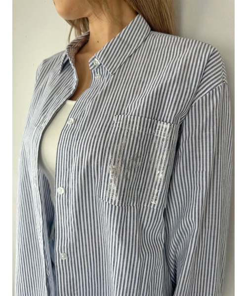 EGOIST（エゴイスト）の「ホイルプリントストライプビッグシャツ（シャツ/ブラウス・レディース・ピンク/ブルー/ネイビー・FREE）」の9枚目の写真
