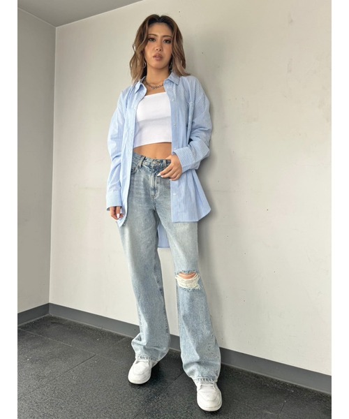 EGOIST（エゴイスト）の「ホイルプリントストライプビッグシャツ（シャツ/ブラウス・レディース・ピンク/ブルー/ネイビー・FREE）」の12枚目の写真