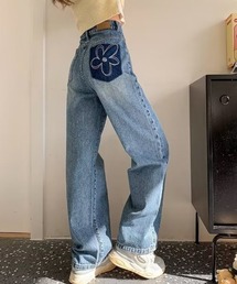 フラワーモチーフ刺繍入りデニムワイドパンツ