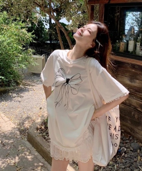 セール】「新色追加」レース付きリボンプリントニッチシンプル半袖T