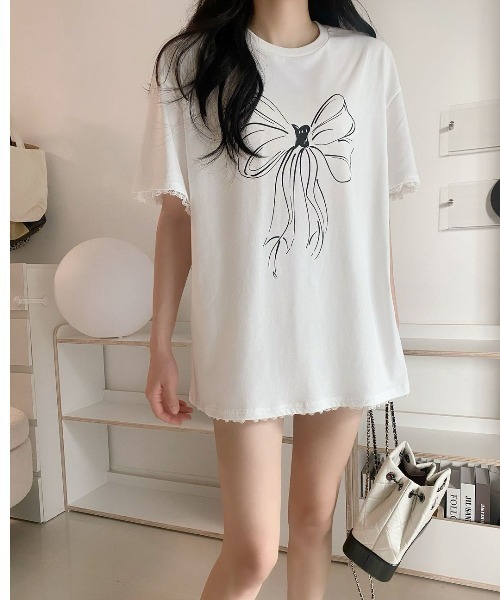 DIAVEL（ディアベル）の「「新色追加」レース付きリボンプリントニッチシンプル半袖Tシャツ（Tシャツ/カットソー・レディース・ホワイト/ブラック・M）」の10枚目の写真