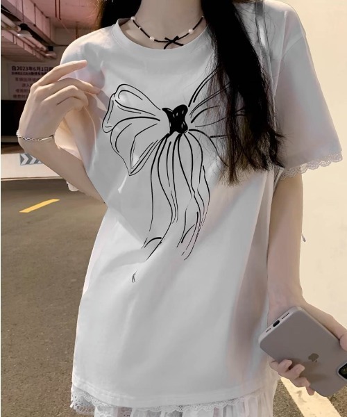 DIAVEL（ディアベル）の「「新色追加」レース付きリボンプリントニッチシンプル半袖Tシャツ（Tシャツ/カットソー・レディース・ホワイト/ブラック・M）」の11枚目の写真