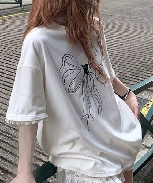 セール】「新色追加」レース付きリボンプリントニッチシンプル半袖T