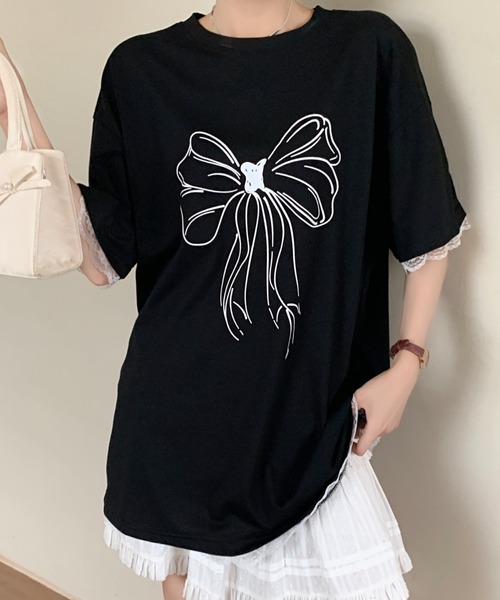 DIAVEL（ディアベル）の「「新色追加」レース付きリボンプリントニッチシンプル半袖Tシャツ（Tシャツ/カットソー・レディース・ホワイト/ブラック・M）」の21枚目の写真