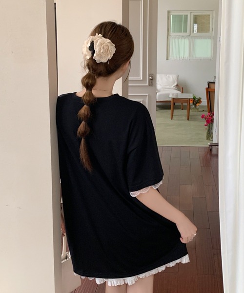 タグ付き✨　エイチナオトフリル　カットソー　半袖　レース　リボン　楽器　黒 即発 ○ PATOU Tシャツ 半袖 S レース フリル コットン 黒 襟付