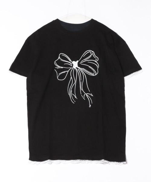 セール】「新色追加」レース付きリボンプリントニッチシンプル半袖T