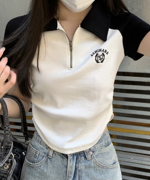 DIAVEL(ディアベル)の「配色ラグランハーフジップポロトップス / 半袖 クロップド 韓国ストリート(Tシャツ/カットソー・レディース・ホワイト/レッド/ブラック・M)」の4枚目の写真