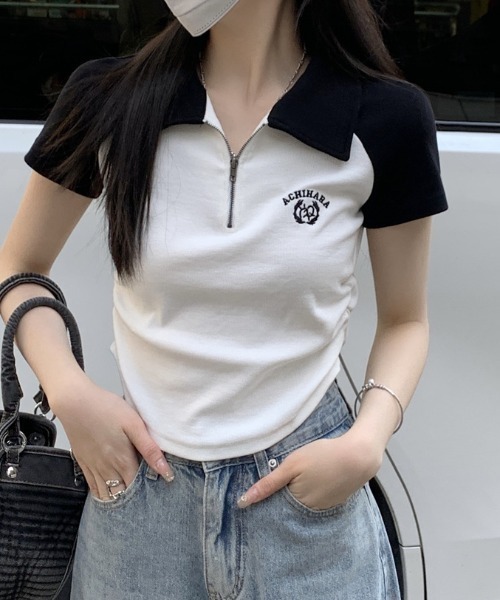 DIAVEL(ディアベル)の「配色ラグランハーフジップポロトップス / 半袖 クロップド 韓国ストリート(Tシャツ/カットソー・レディース・ホワイト/レッド/ブラック・M)」の5枚目の写真