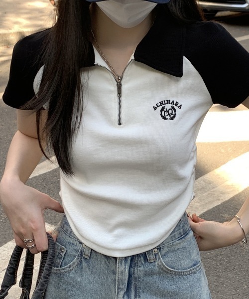 DIAVEL(ディアベル)の「配色ラグランハーフジップポロトップス / 半袖 クロップド 韓国ストリート(Tシャツ/カットソー・レディース・ホワイト/レッド/ブラック・M)」の7枚目の写真