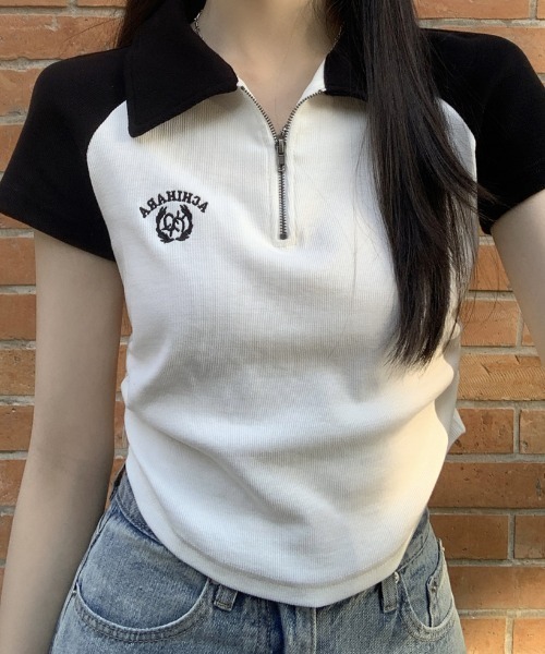 DIAVEL(ディアベル)の「配色ラグランハーフジップポロトップス / 半袖 クロップド 韓国ストリート(Tシャツ/カットソー・レディース・ホワイト/レッド/ブラック・M)」の8枚目の写真
