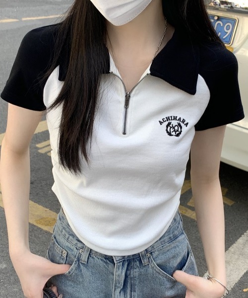 DIAVEL(ディアベル)の「配色ラグランハーフジップポロトップス / 半袖 クロップド 韓国ストリート(Tシャツ/カットソー・レディース・ホワイト/レッド/ブラック・M)」の14枚目の写真
