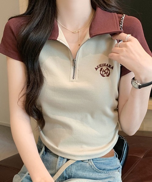 DIAVEL(ディアベル)の「配色ラグランハーフジップポロトップス / 半袖 クロップド 韓国ストリート(Tシャツ/カットソー・レディース・ホワイト/レッド/ブラック・M)」の18枚目の写真