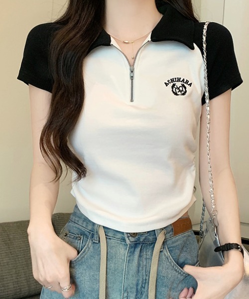 DIAVEL(ディアベル)の「配色ラグランハーフジップポロトップス / 半袖 クロップド 韓国ストリート(Tシャツ/カットソー・レディース・ホワイト/レッド/ブラック・M)」の19枚目の写真