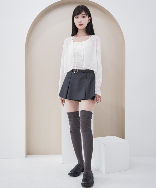 【KIMHEKIM】ベルト付きミニスカート（グレー） セール】ベルト付きボックスプリーツミニスカート（スカート