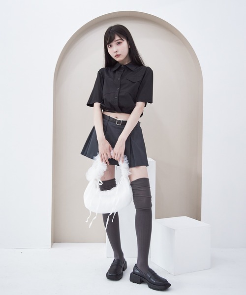 【KIMHEKIM】ベルト付きミニスカート（ネイビー） ベルト付きプリーツミニスカート 全3色 Y2K[品番：KH000013606