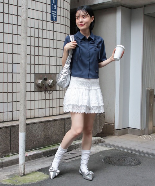 3.3 Field Trip （3.3フィールドトリップ）の「3.3 Field Trip／ドロストリボンシャツ（シャツ/ブラウス・レディース・ホワイト/ネイビー/ライトグリーン・FREE）」の6枚目の写真