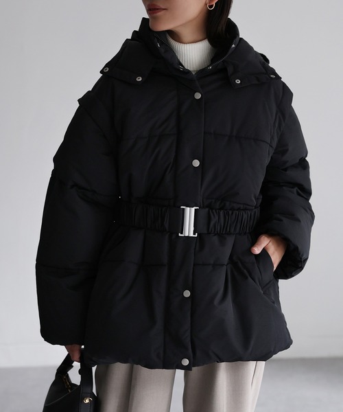 Riberry（リベリー）の「ベルト付きマルチWAY中綿ミドルダウン（ダウンジャケット/コート・レディース・ブラック/アイボリー・FREE）」の10枚目の写真