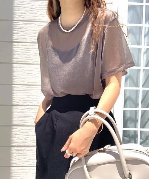 Q（キュー）の「シアー半袖T（Tシャツ/カットソー・レディース・グレー/アイボリー/ブラック・MEDIUM）」の3枚目の写真