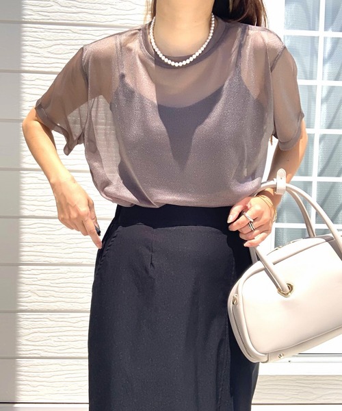 Q（キュー）の「シアー半袖T（Tシャツ/カットソー・レディース・グレー/アイボリー/ブラック・MEDIUM）」の16枚目の写真