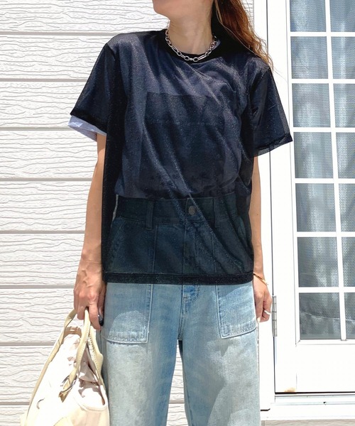 Q（キュー）の「シアー半袖T（Tシャツ/カットソー・レディース・グレー/アイボリー/ブラック・MEDIUM）」の13枚目の写真