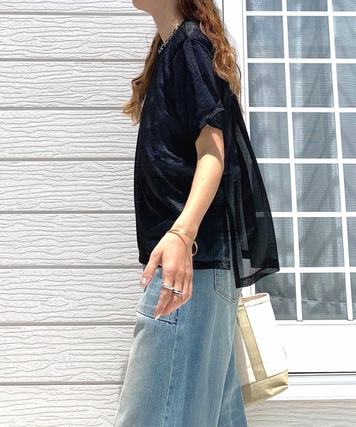 Q（キュー）の「シアー半袖T（Tシャツ/カットソー・レディース・グレー/アイボリー/ブラック・MEDIUM）」の14枚目の写真