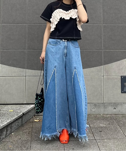 配色フリルギャザー クロップドトップス（Tシャツ/カットソー