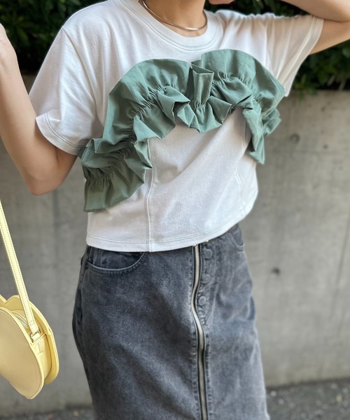 セール】配色フリルギャザー クロップドトップス（Tシャツ