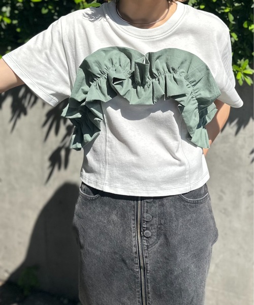 セール】配色フリルギャザー クロップドトップス（Tシャツ