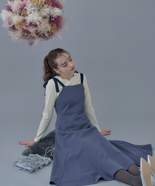 couture brooch（クチュールブローチ）の「◆【着映えするワンピース】肩リボンチェックワンピース（ワンピース・レディース・ブラック/ブルー系その他3/ブラック系1・36/42/38）」の3枚目の写真