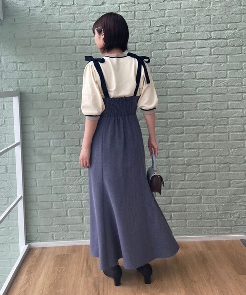 couture brooch（クチュールブローチ）の「◆【着映えするワンピース】肩リボンチェックワンピース（ワンピース・レディース・ブラック/ブルー系その他3/ブラック系1・36/42/38）」の4枚目の写真