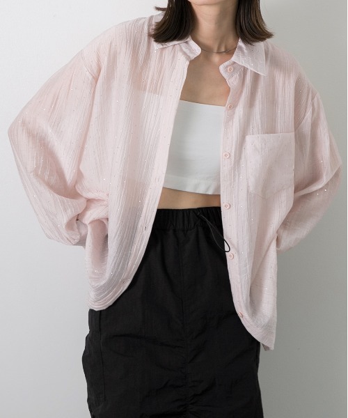 ad thie(アドティエ)の「ラインストーン付き シアーシャツ(シャツ/ブラウス・レディース・オフホワイト/ブラック/ライトブルー/ピンク・FREE)」の2枚目の写真