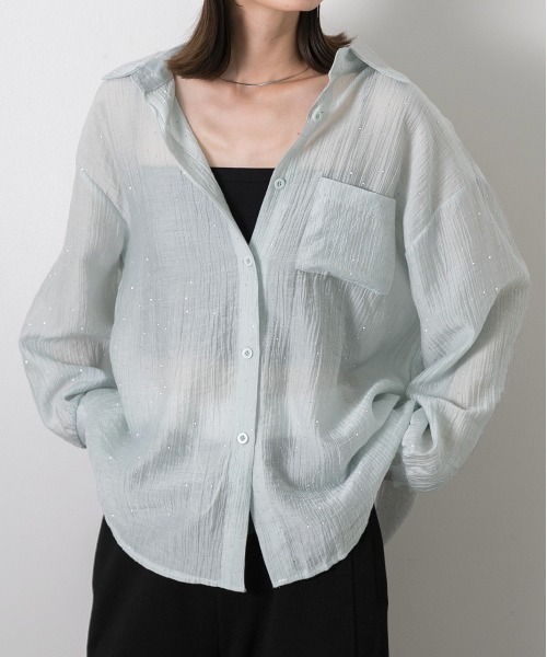 ad thie(アドティエ)の「ラインストーン付き シアーシャツ(シャツ/ブラウス・レディース・オフホワイト/ブラック/ライトブルー/ピンク・FREE)」の4枚目の写真