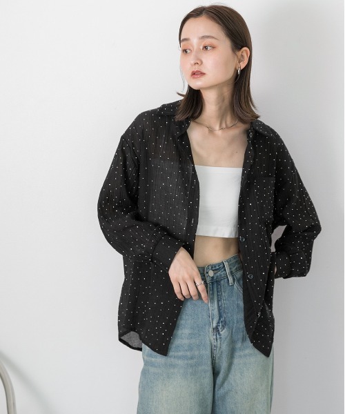 seyto サイズ1 / ラインストーンベロアシアーシャツ セール】Rhinestone velours sheer shirt / ラインストーン